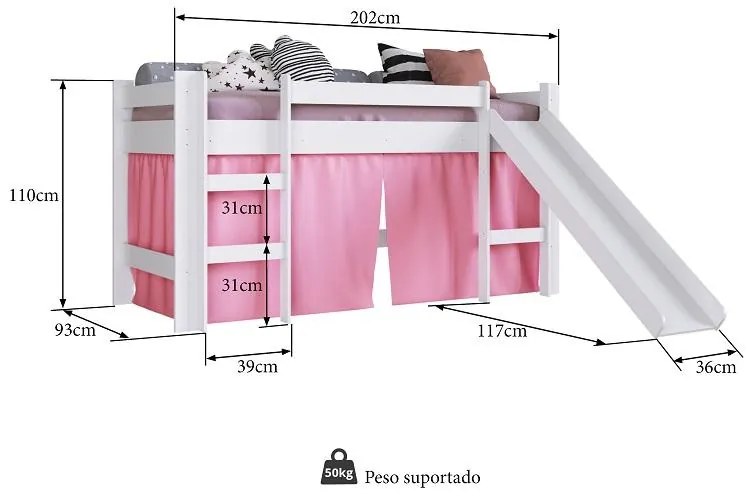 Cama Infantil Elevada com Escorregador Cortina Rosa Playground