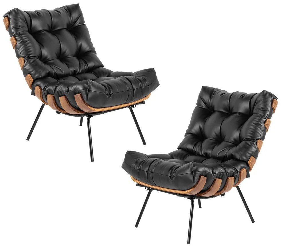 Kit 2 Poltrona Decorativa Sala de Estar Costela Couro Preto G34 - Gran Belo