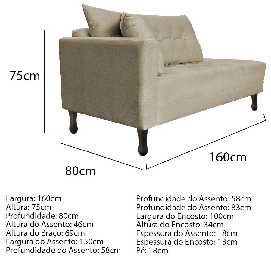 Kit Diva Recamier Azura 160cm Lado Direito e 02 Poltronas Classic Suede - ADJ Decor
