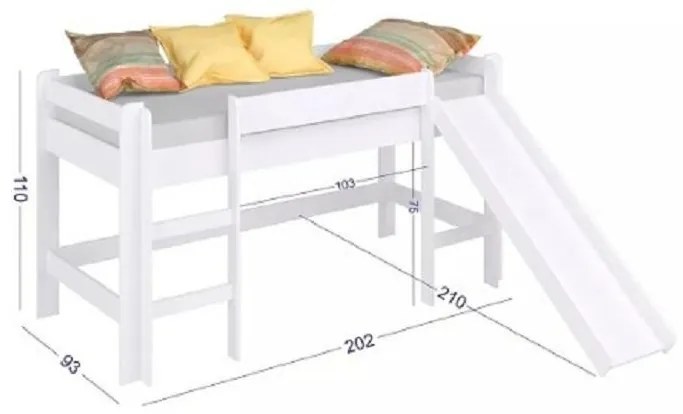 Cama Infantil Elevada Com Escorregador E Cortina Azul - Branco