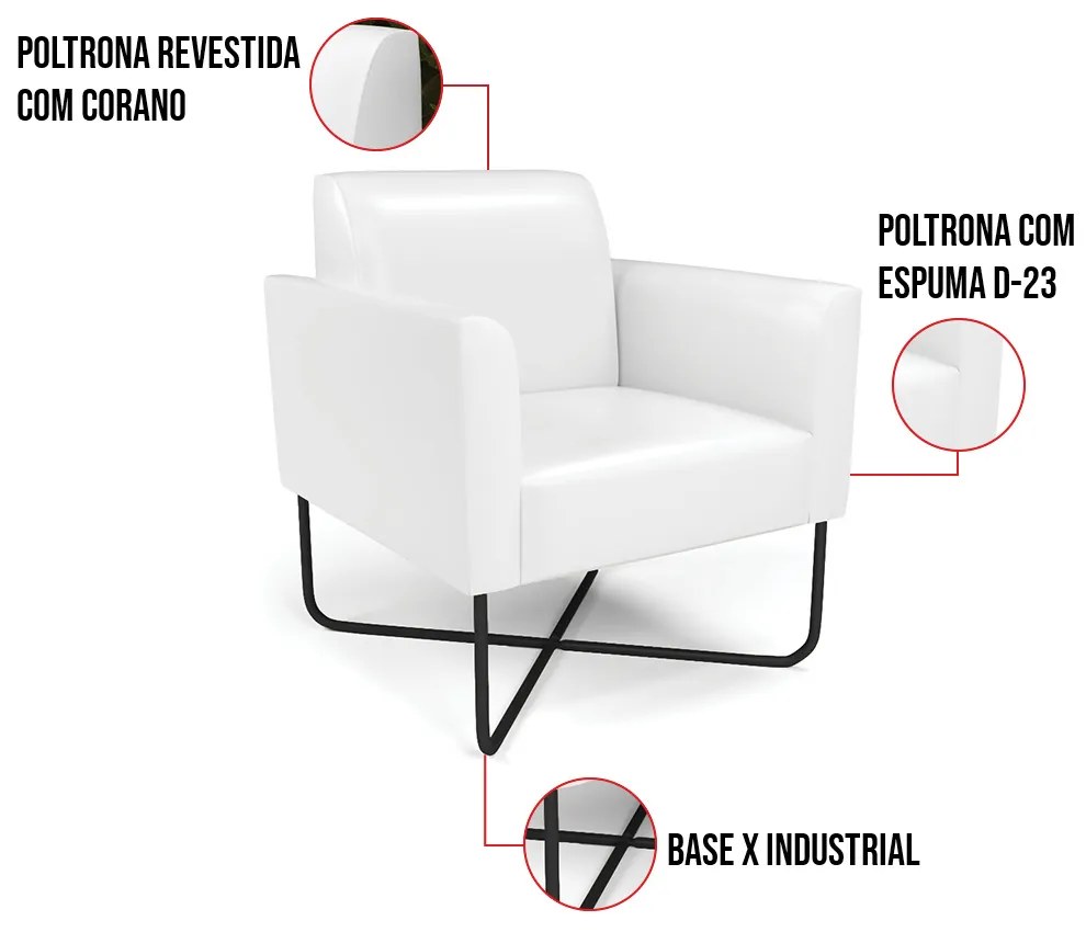Poltrona Sala Decorativa Marisa Base Aço Industrial X Preto Sintético PU D03 - D'Rossi - Branco