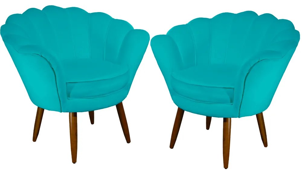 Kit 2 Poltronas Decorativas Pétala Pés Palito Suede Turquesa - Sheep Estofados