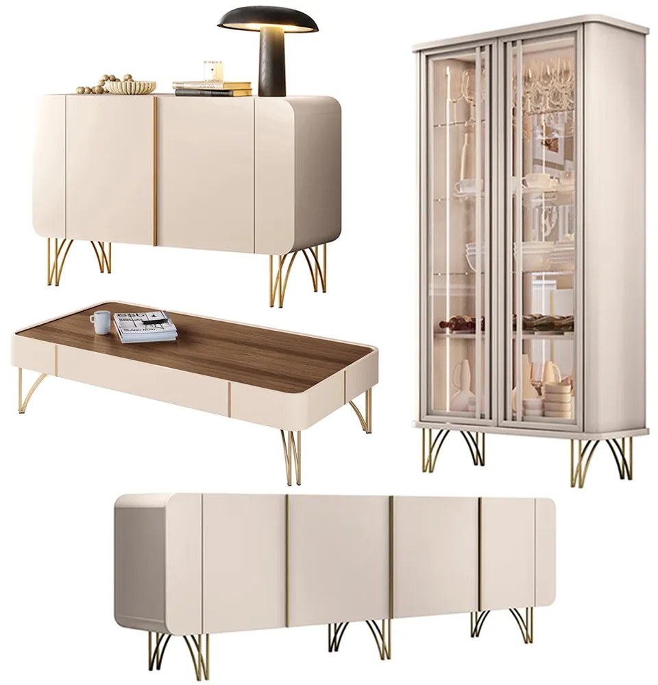 Conjunto 1 Cristaleira 2 Buffets e 1 Mesa de Centro Texas/Virginia/Bambino/Rennes Off White/Castanho G26 - Gran Belo