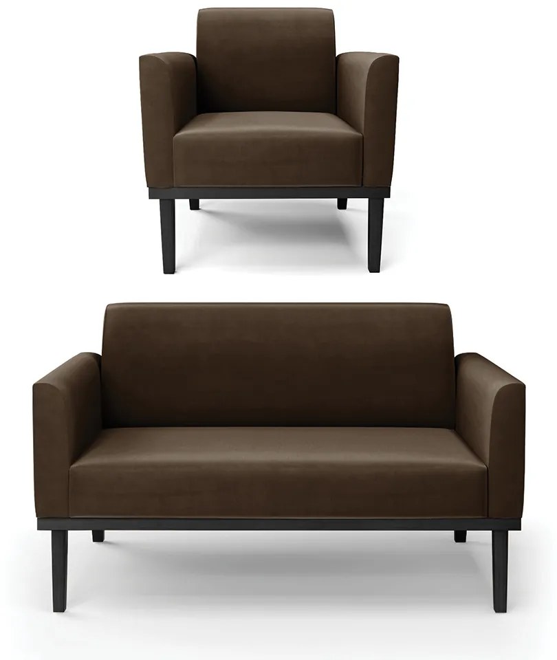 Sofá Namoradeira com Poltrona Base de Madeira Fixa Preto Marisa Suede  D03 - DRossi - Marrom