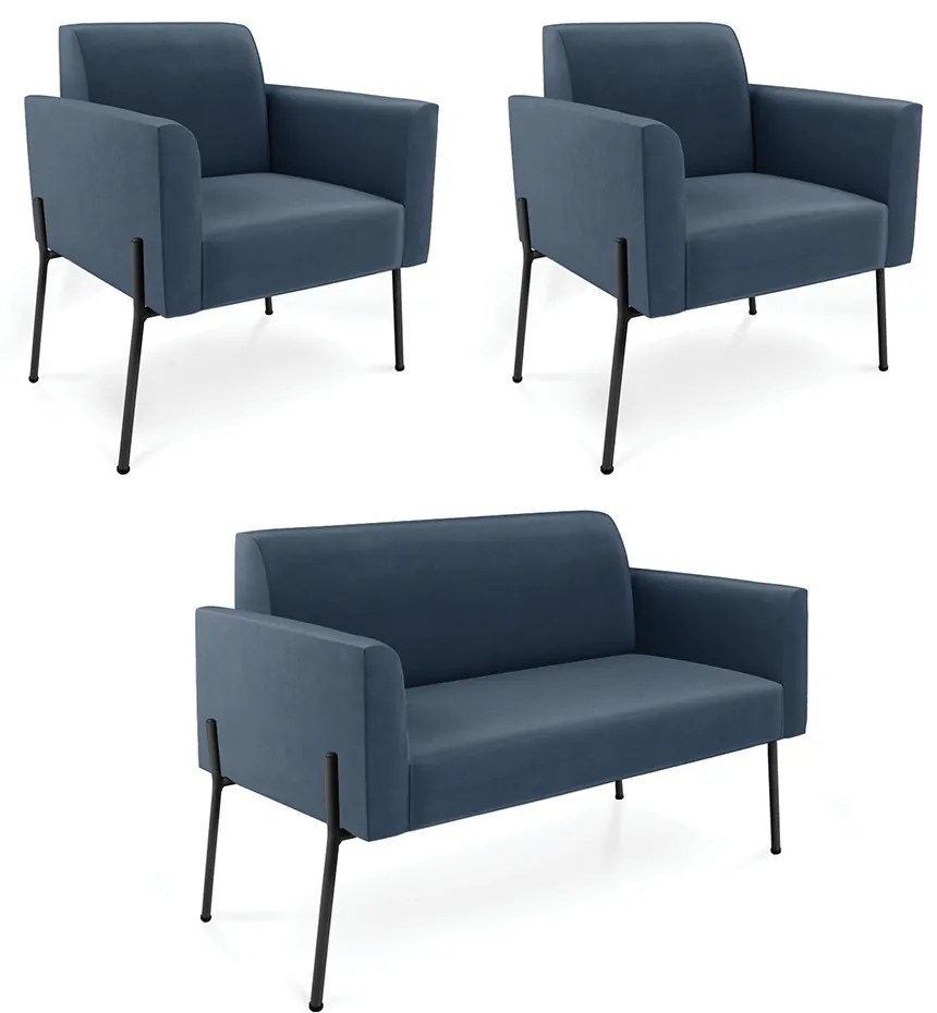 Sofá Namoradeira e 2 Poltronas Pé de Ferro Preto Marisa Suede Azul Marinho