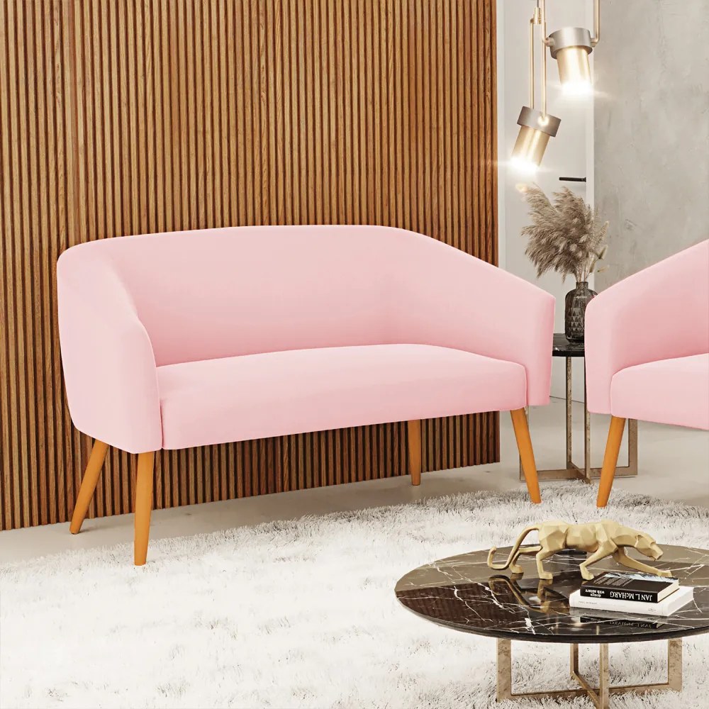 Namoradeira 02 Lugares Stella Suede Rosa Bebê Pés Palito Castanho - D'Rossi
