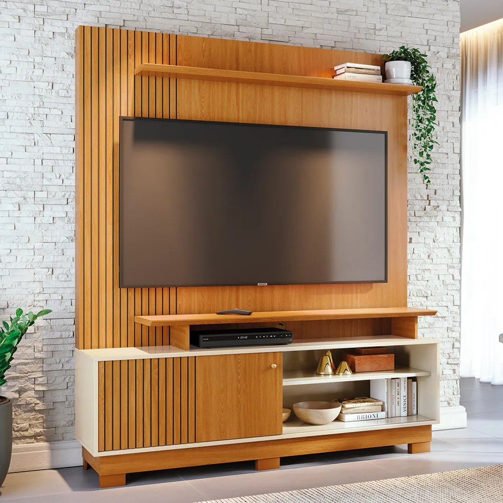 Estante de TV 65 Pol 160cm com Pés para Sala Quirel M20 - D'Rossi - Cinamomo e Off White