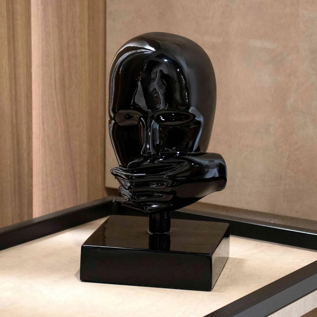 Escultura Decorativa Rosto Silêncio Em Cerâmica Preto 25x15 - D'Rossi