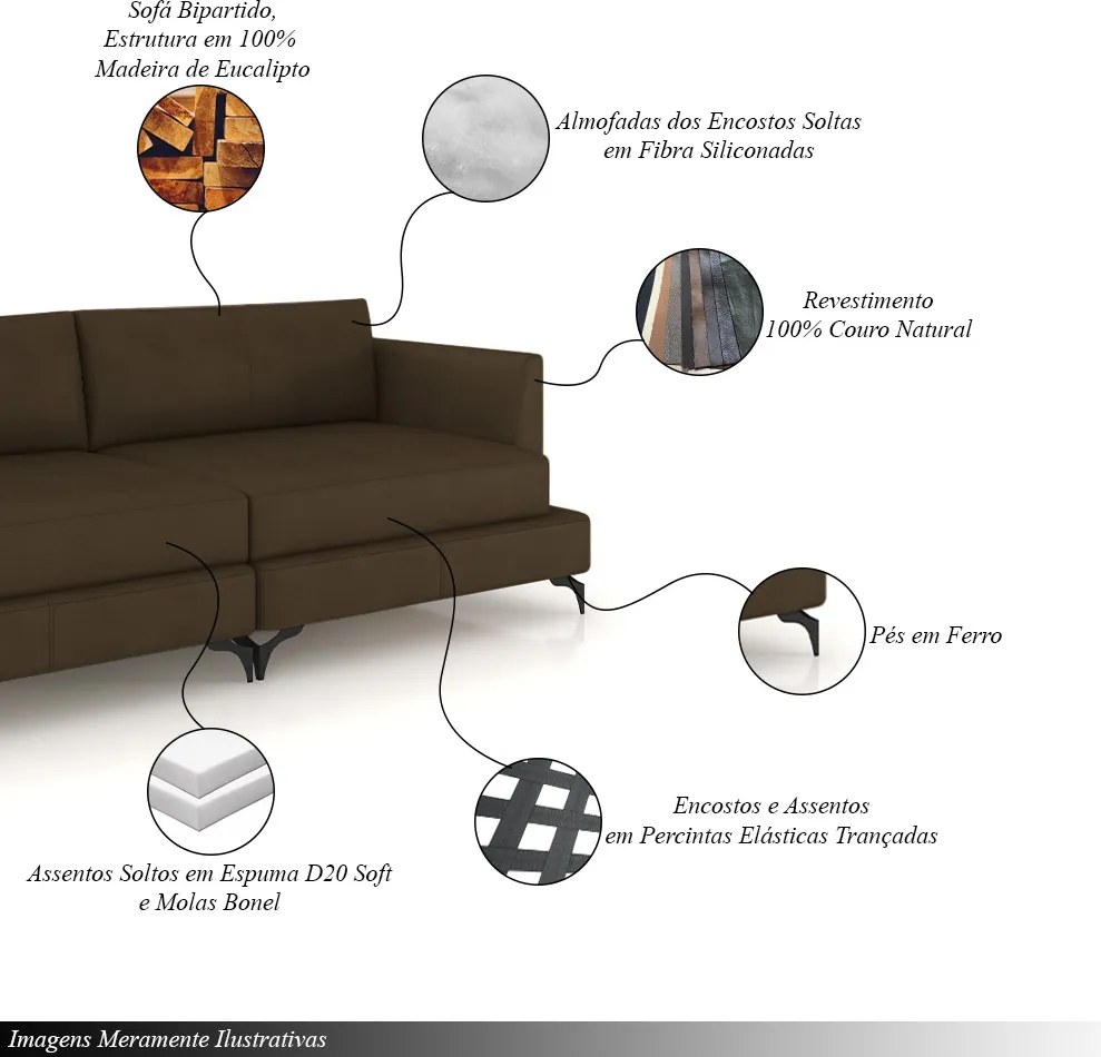 Sofá Living Bipartido 250cm Indonésia Pés de Ferro Couro Capuccino G52 - Gran Belo