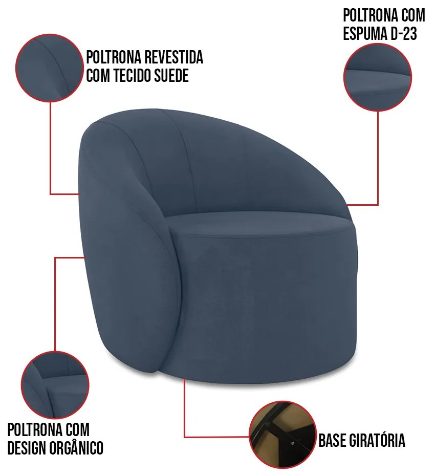 Poltrona Decorativa Orgânica Giratória Kit 2 Lua Suede D03 - D'Rossi - Azul Marinho