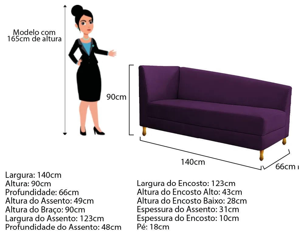 Recamier Valéria 140cm Lado Direito Suede Roxo - ADJ Decor