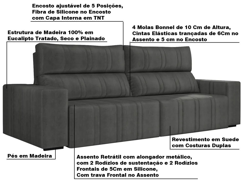 Sofá Retrátil 254 cm Sala de Estar Leonel Suede Grafite G52 - Gran Belo