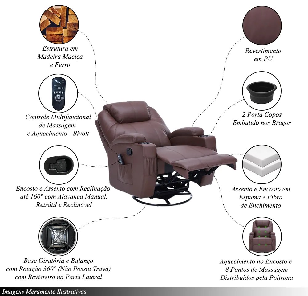 Poltrona do Papai Reclinável Manual Vector Base Giratória Massagem Aquecimento e Porta Copos PU Marrom Chocolate G94 - Gran Belo