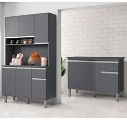 Cozinha Compacta Márcia e Balcão Gabinete Com Tampo Tatiane 120cm Cinz