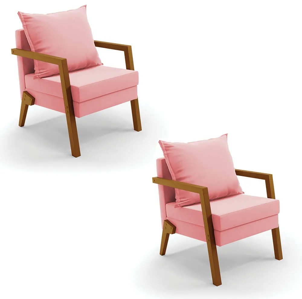 Kit 02 Poltronas Alice Suede Base de Madeira D03 - D'Rossi - Rose
