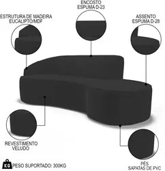 Sofá Living  3 Lugares 230cm Braço Esquerdo Mozart D06 Veludo Preto -