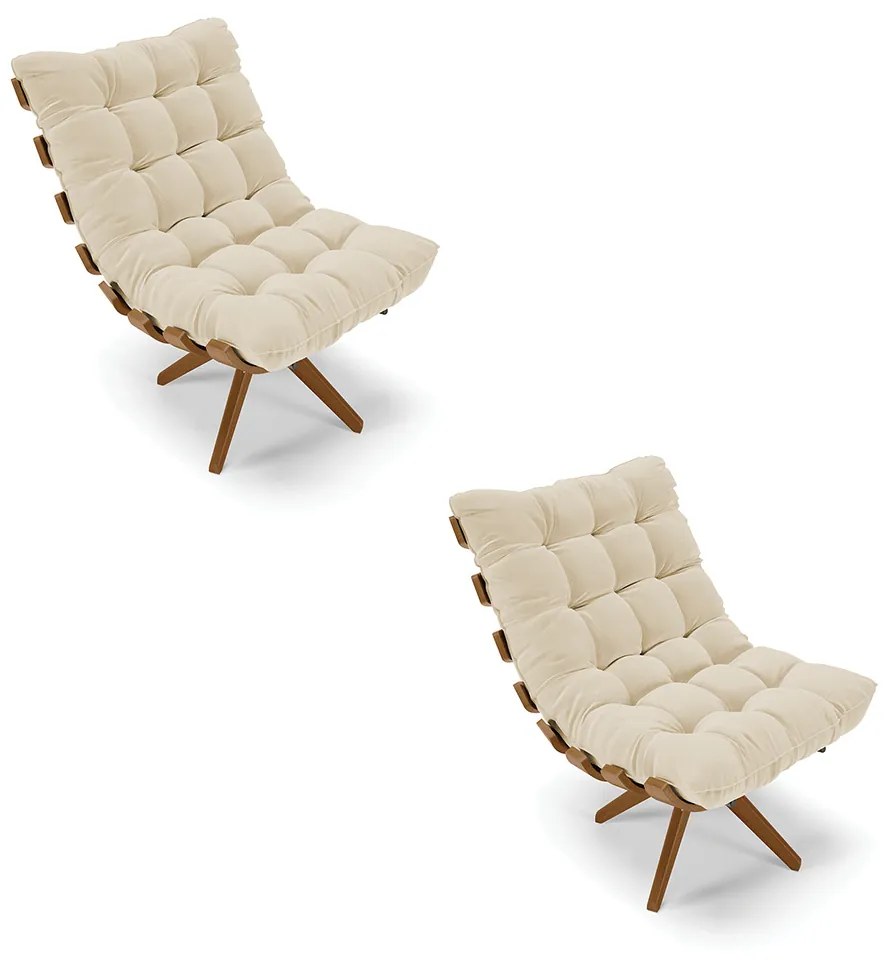 Poltrona Giratoria Costela Kit 2 Linho Bege Base de Madeira MA30 M11 - D'Rossi