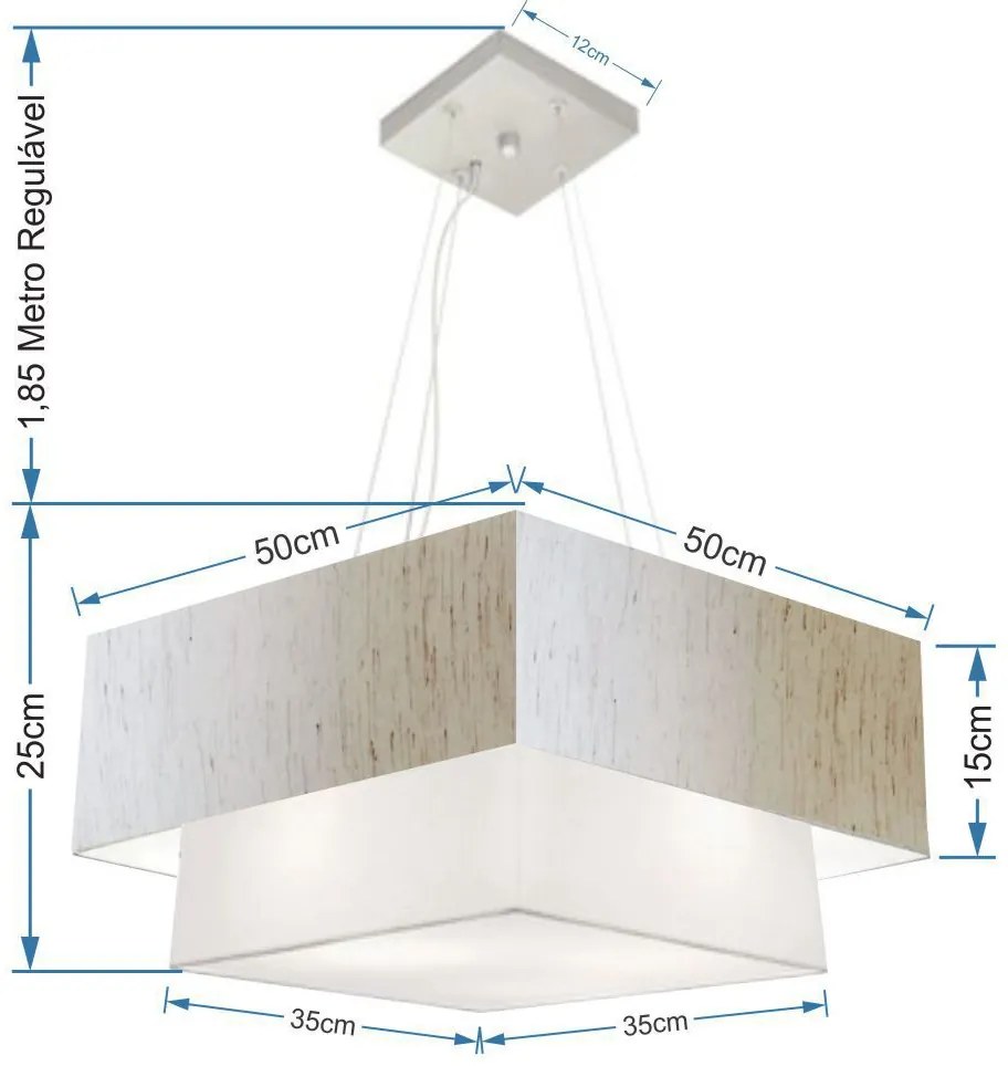 Lustre Pendente Duplo Quadrado Vivare Md-4066 Cúpula em Tecido 50x35cm Linho Bege / Branco - Bivolt