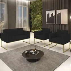 Sofá Namoradeira e 2 Poltronas Base Industrial Dourado Ana Linho Preto