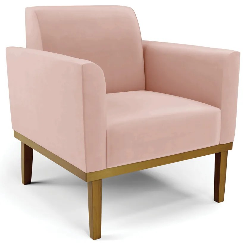 Poltrona Base de Madeira Fixa Castanho Marisa Veludo - Rose