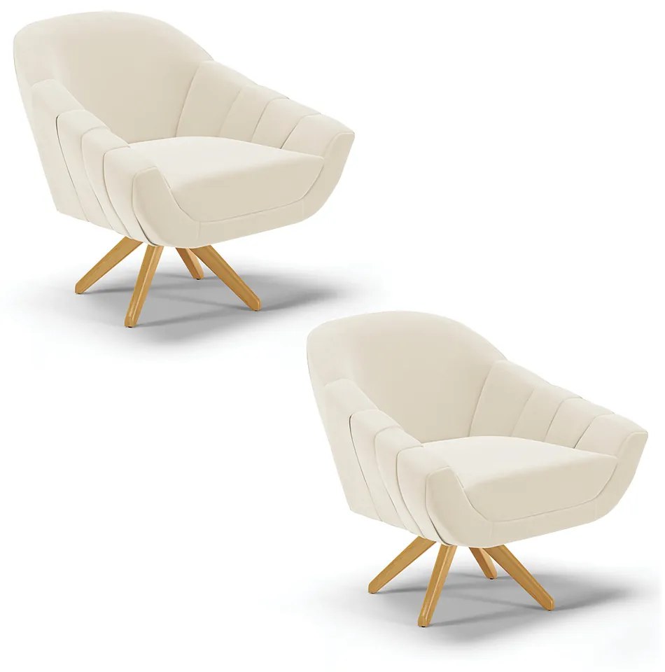 Kit 02 Poltronas Giratória Giovana Veludo Base Madeira MA30 - DRossi - Bege