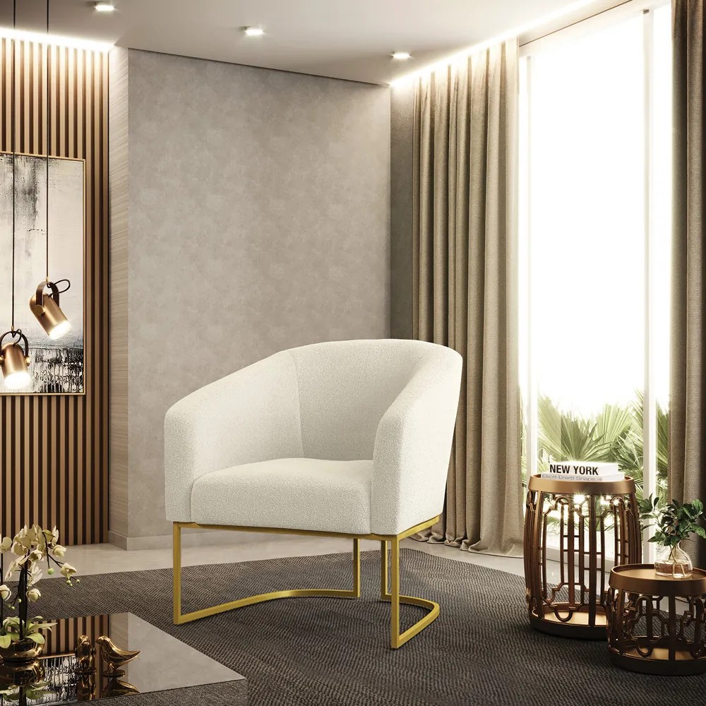 Poltrona Sala Decorativa kit 2 Stella Industrial Dourado Bouclê Bege D03 - D'Rossi