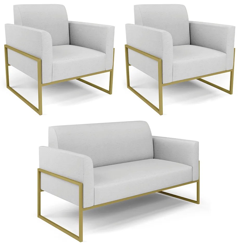 Sofá Namoradeira com 2 Poltronas Base Industrial Alta Dourado Marisa Linho Cinza A05