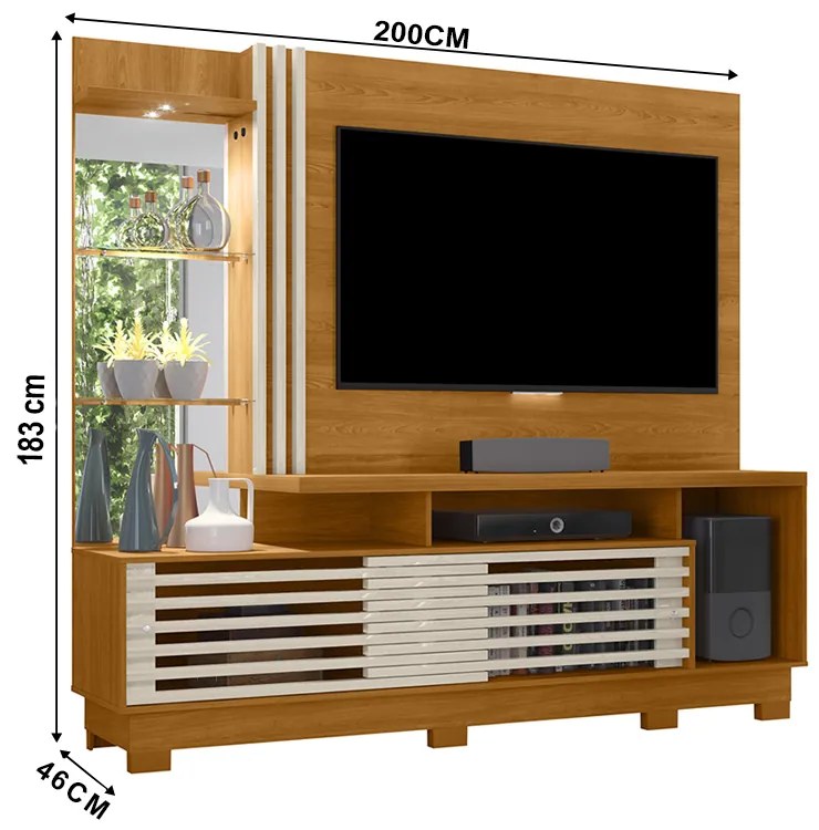 Estante de TV 60 Pol 200cm com Pé Sala de Estar Lumari M20 - D'Rossi - Cinamomo e Off White