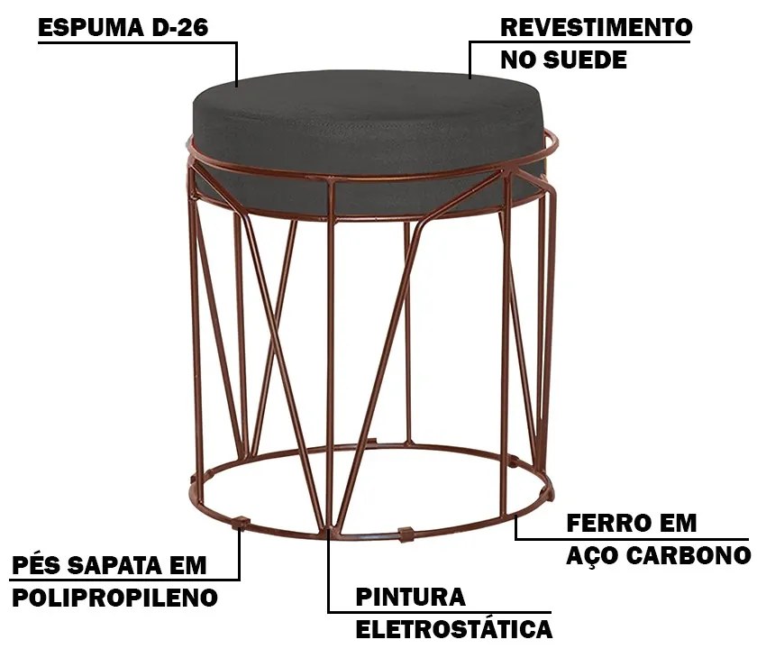 Kit 2 Puffs Decorativo Sala de Estar Base Bronze Chloe Suede Cinza G41 - Gran Belo