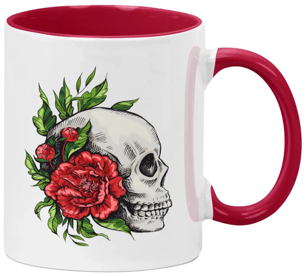 Caneca Caveira e Rosas Branca com Alça Vinho