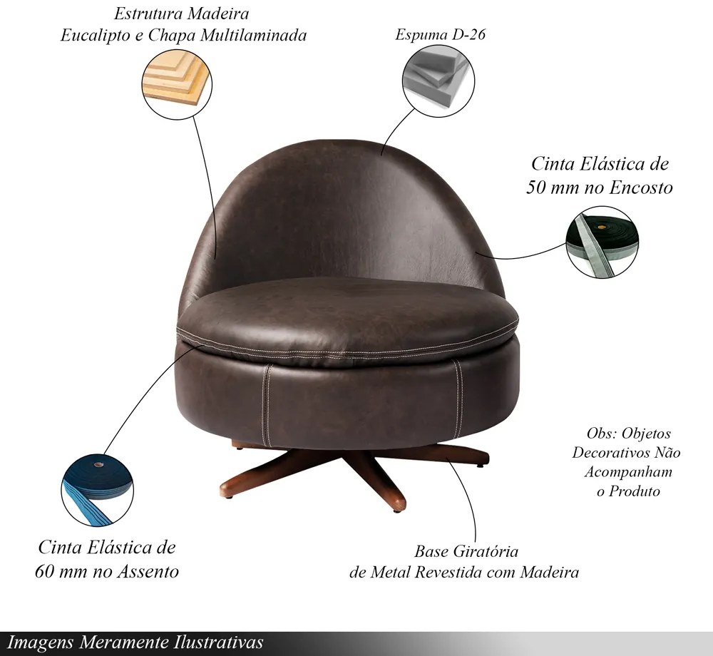 Poltrona Giulio Base de Ferro Giratória PU Café G92 - Gran Belo