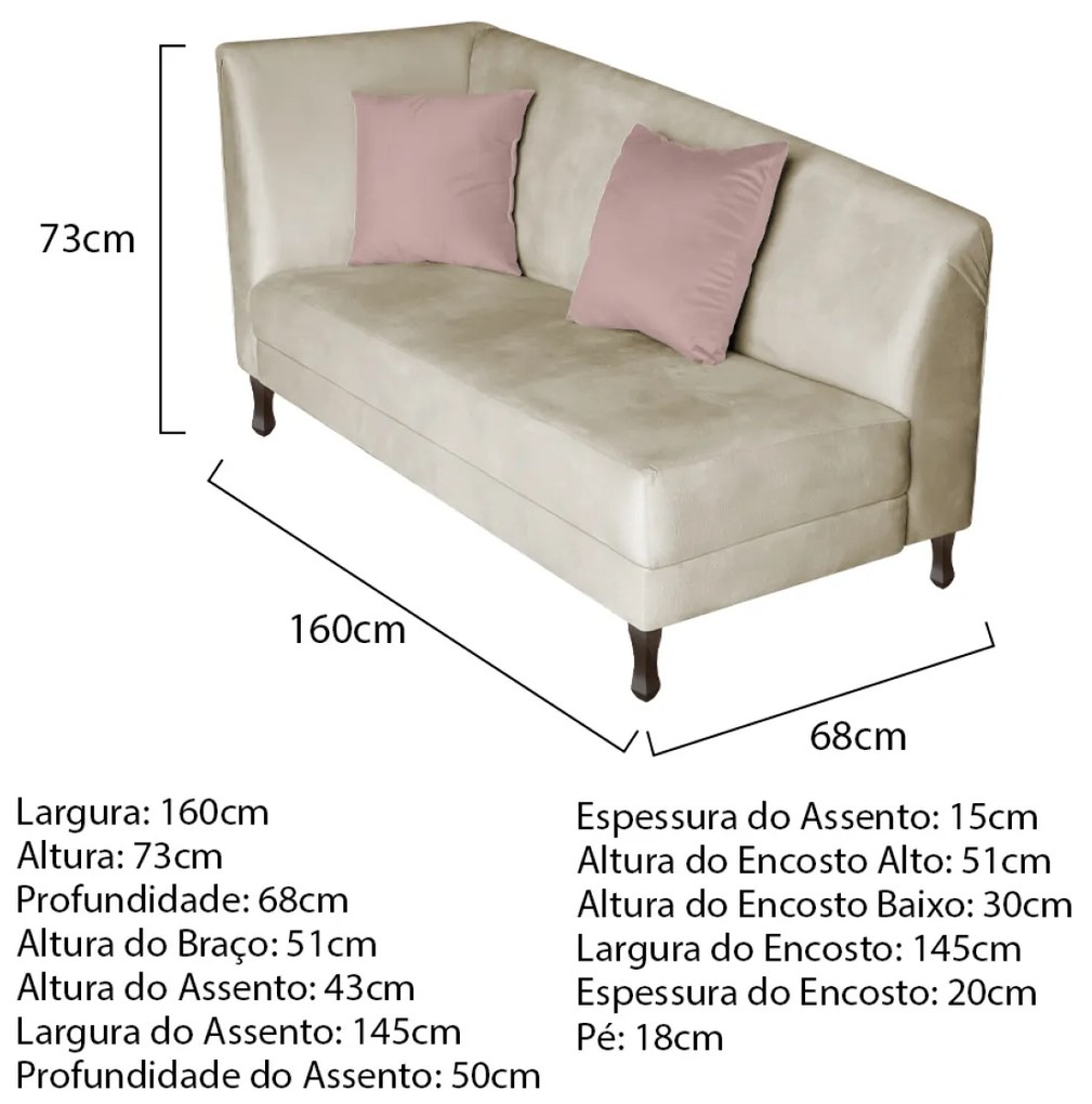 Divã Recamier Heitor 160cm Lado Direito Linho - ADJ Decor