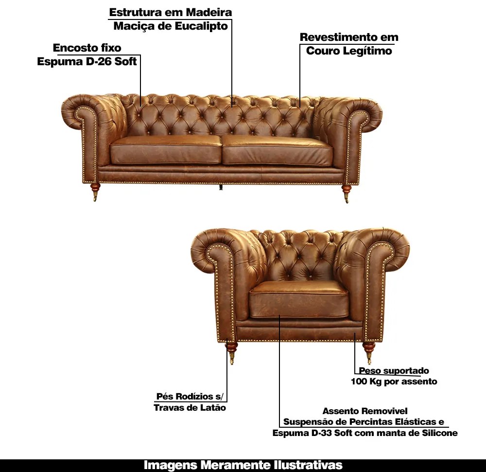 Conjunto Sofá e 2 Poltronas Chesterfield Duo Couro Tabaco G40 - Gran Belo