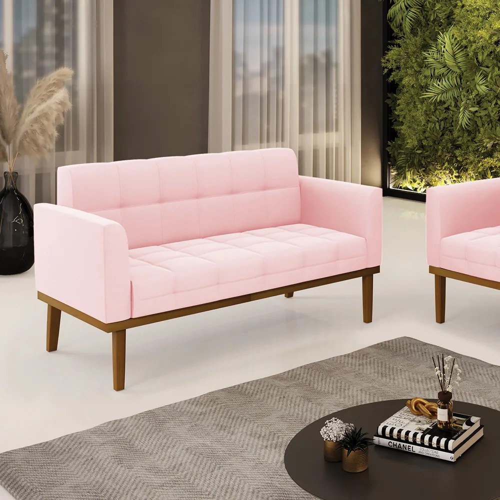Sofá Namoradeira 2 Lugares Base de Madeira Castanho Elisa Suede D03 - DRossi - Rosa Bebê