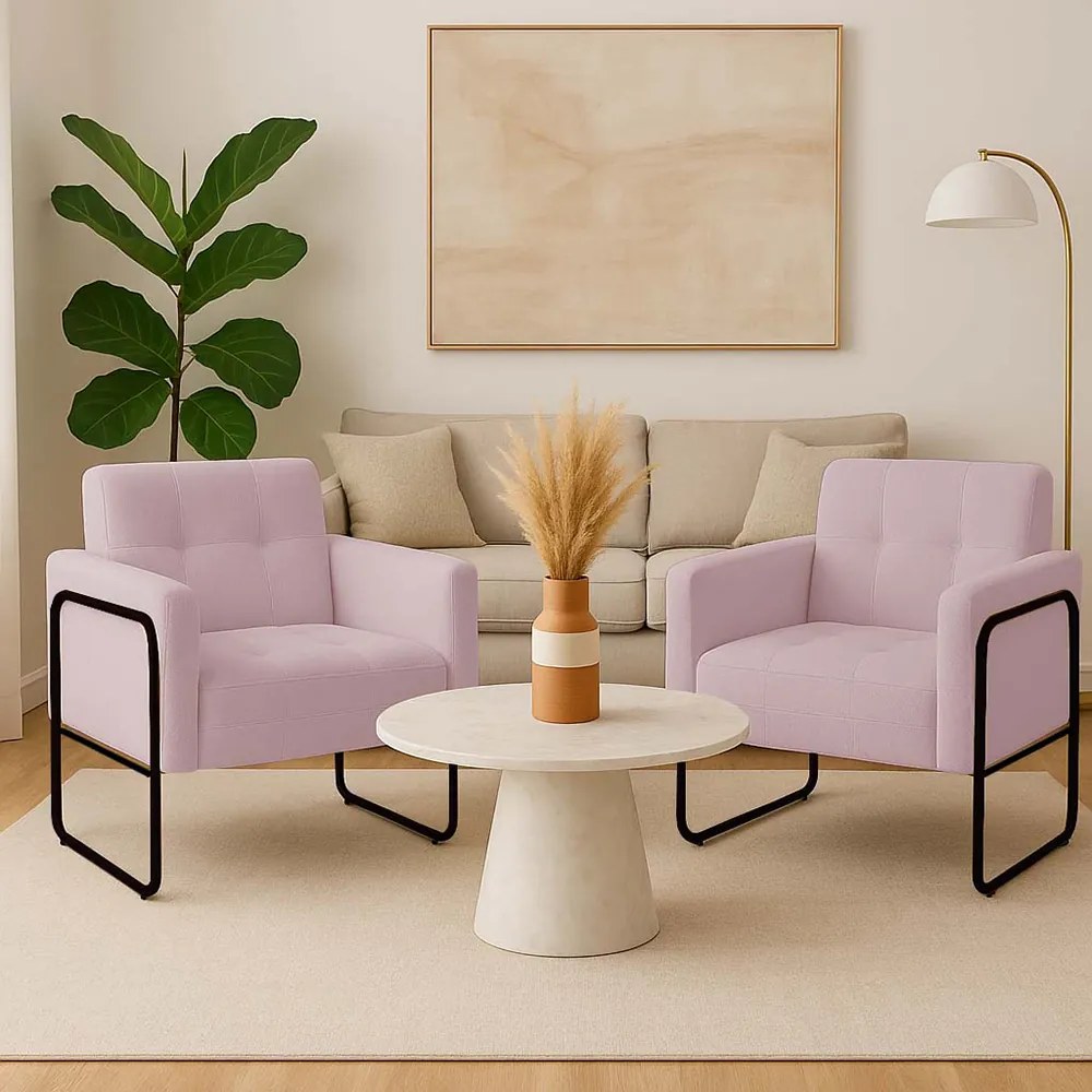 Poltrona Sala Industrial Alta Tubo Preto kit 2 Elisa Bouclê D03 - D'Rossi - Rose