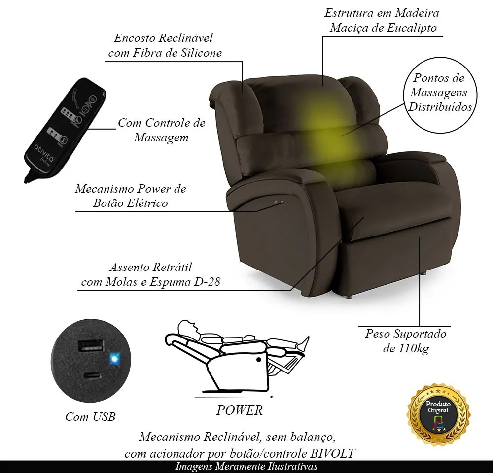 Poltrona do Papai Reclinável Napoli Power Touch Massagem PU FH1 - D'Rossi - Marrom