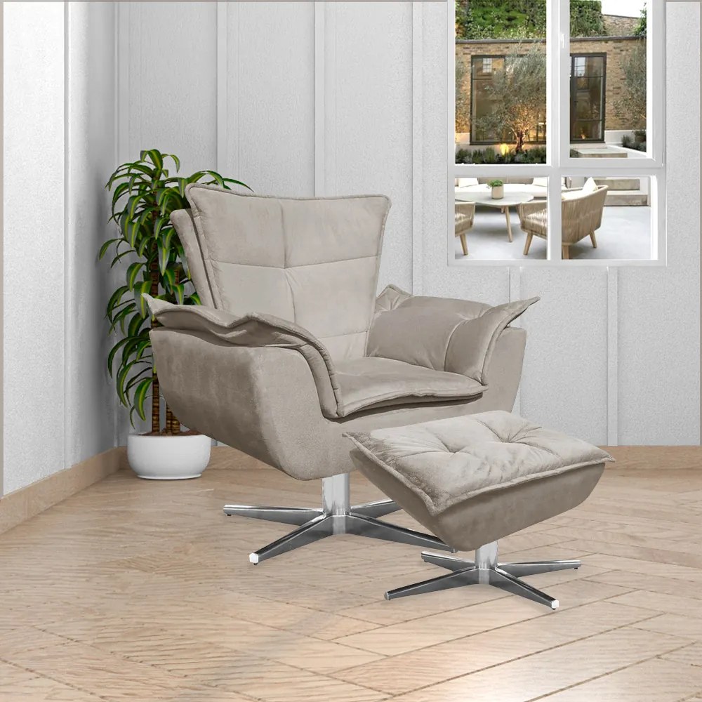 Poltrona Decorativa Base Giratória Cromada Charger Suede Nude G19 - Gran Belo