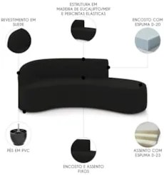 Sofá 4 Lugares 220cm Wendi e Poltrona Steve Suede Preto I01  - Mpozena