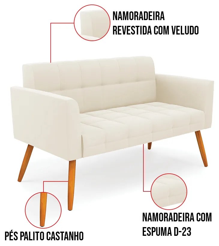 Kit 1 Sofá Namoradeira e 1 Poltrona Elisa Veludo Pés Palito Castanho D03 - D'Rossi - Bege