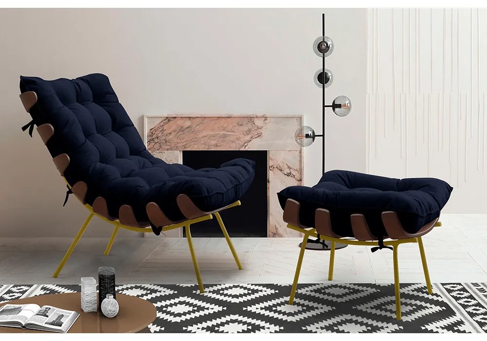 Conjunto Decorativo Poltrona e Puff Abel Base de Madeira Dourada Veludo Azul G41 - Gran Belo