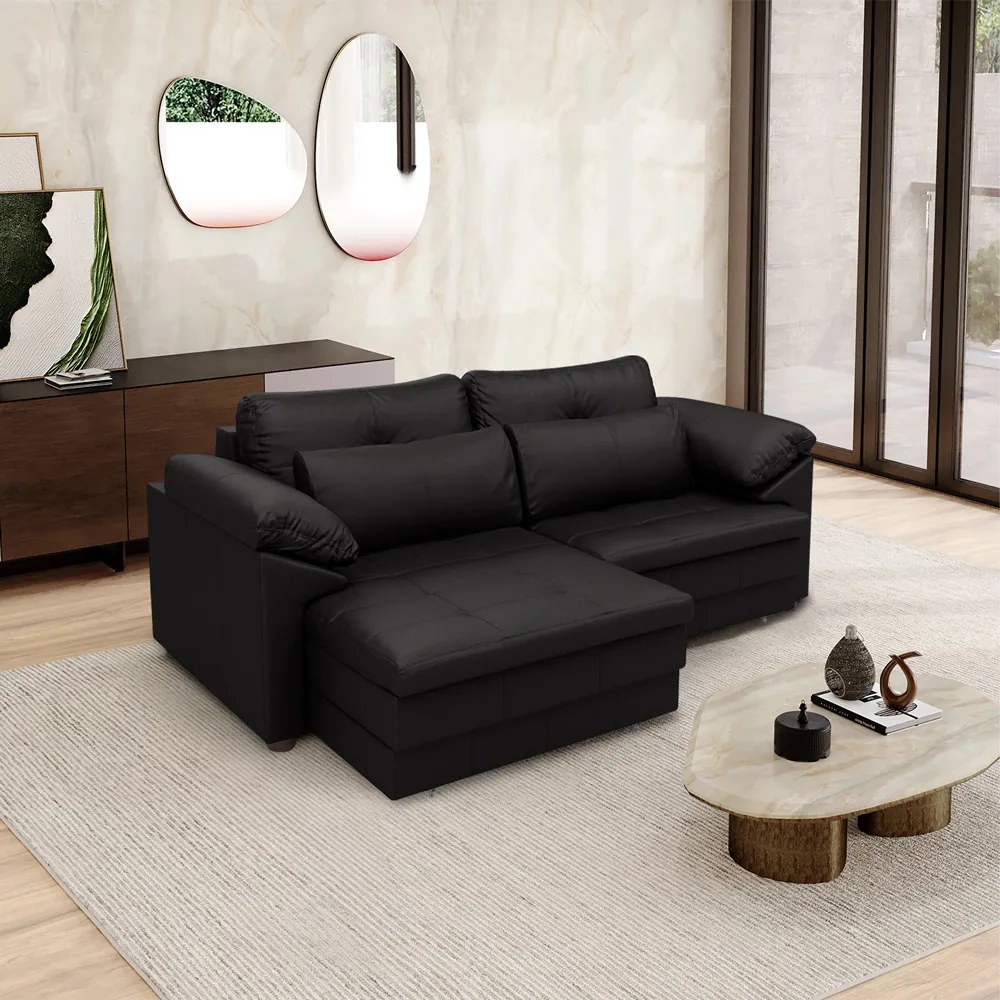 Sofá Retrátil Manual Sala de Estar Nolan Bipartido 175cm Conforto Premium em Couro Preto Brilho G58 - Gran Belo