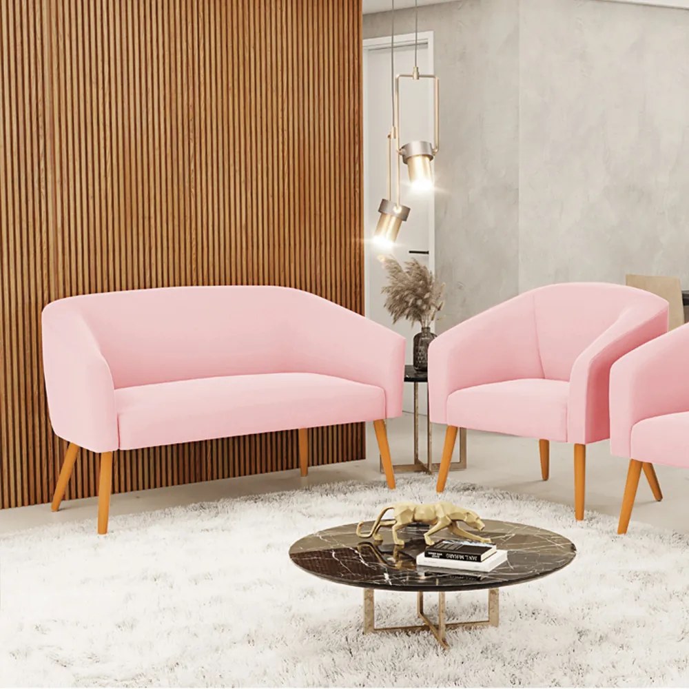Sofá Namoradeira e Poltrona Pé Palito Castanho Stella Suede Rosa Bebê D03 - D'Rossi