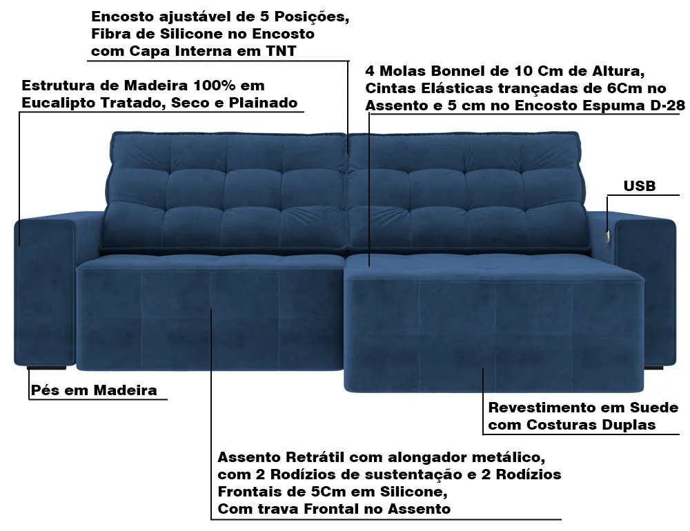 Sofá Retrátil com USB 274cm Elliot Suede Azul Marinho G52 - Gran Belo
