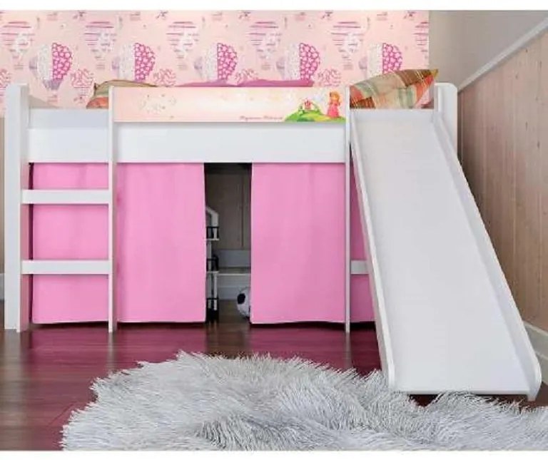 Cama Infantil Elevada C/ Escorregador Cortina Rosa - Branco