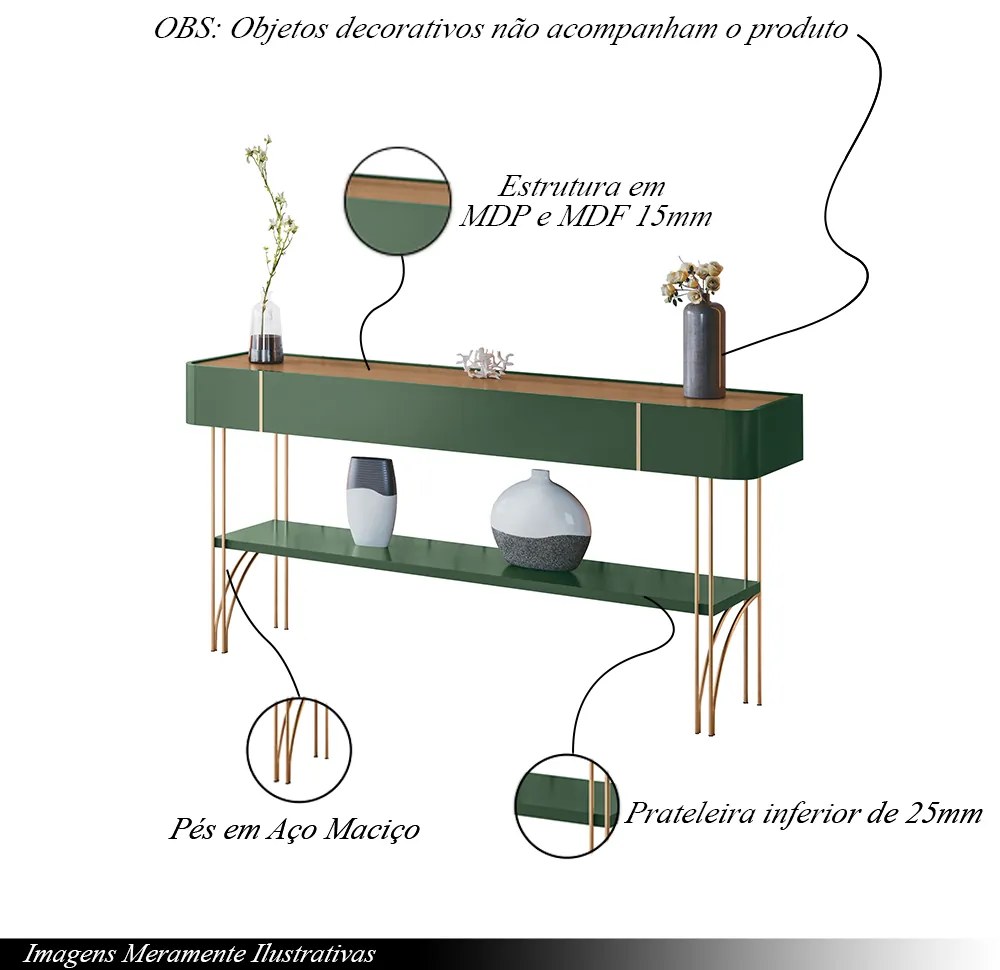 Aparador Decorativo Rennes MDP/MDF Pés de Aço Verde Pistache/Freijó G26 - Gran Belo