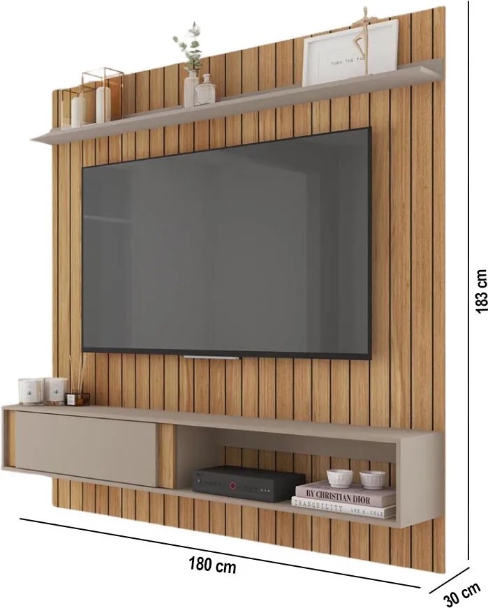 Painel TV 75 Pol 180cm Bancada Suspensa Ripado Eluni Buriti/Cinza C01 - D'Rossi