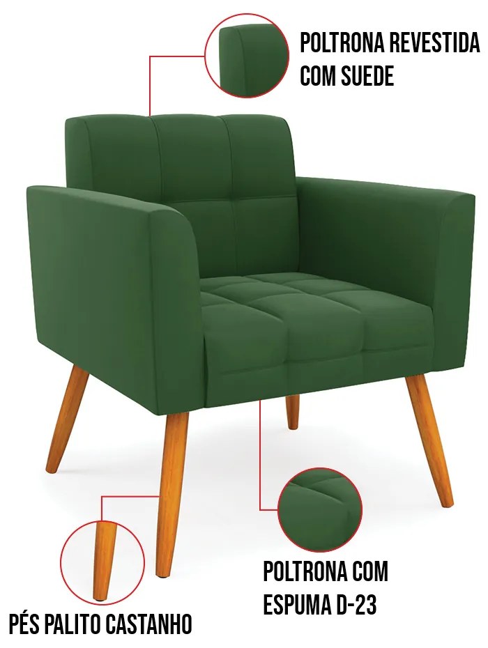 Kit 1 Sofá Namoradeira e 1 Poltrona Elisa Suede Verde Pés Palito Castanho D03 - D'Rossi