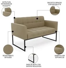 Sofá Namoradeira e 2 Poltronas Base Industrial Preto Ana Suede Marrom