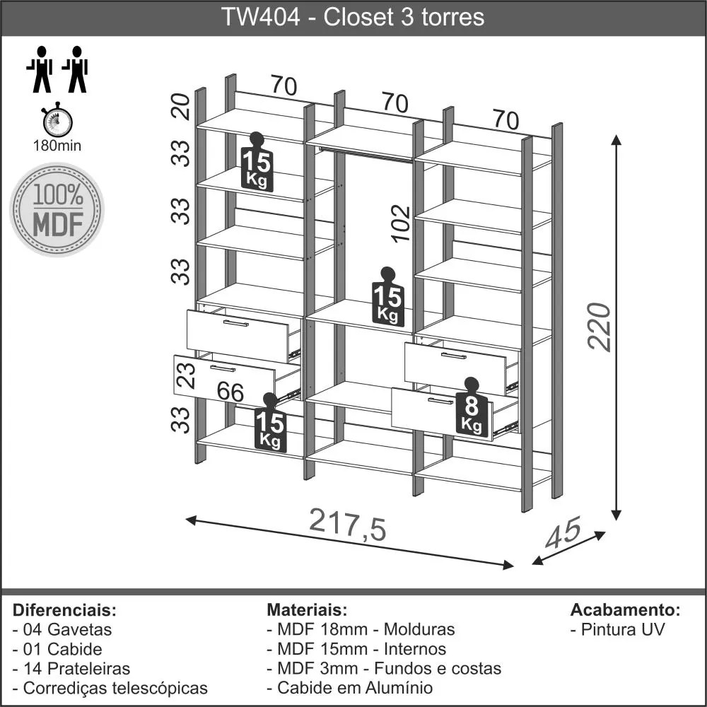 Armário Roupas Closet Casal 4 Gavetas Mdf Preto Luxo TW404 Dalla Costa