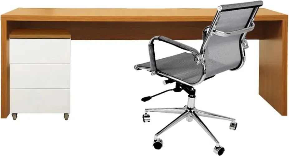 Conjunto Office - Bancada Contemporânea Louro Freijó 1,36m + Módulo Contemporâneo Branco e Louro Freijó 42,5cm + Cadeira de Escritório Noruega Cinza